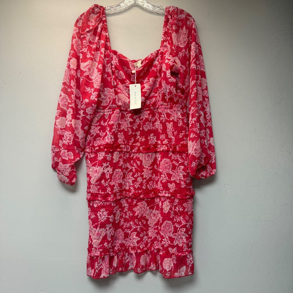 Sim & Sam Floral Smocked Mini Dress Women XL Red Ditsy NWT 51226DRLS Tiered Ruf